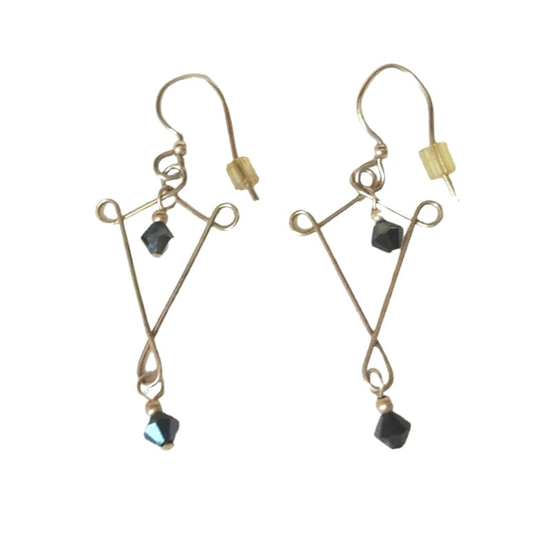 Vintage Black Beads Asymmetrical Dangle Drop Earrings Silver Plated Hook