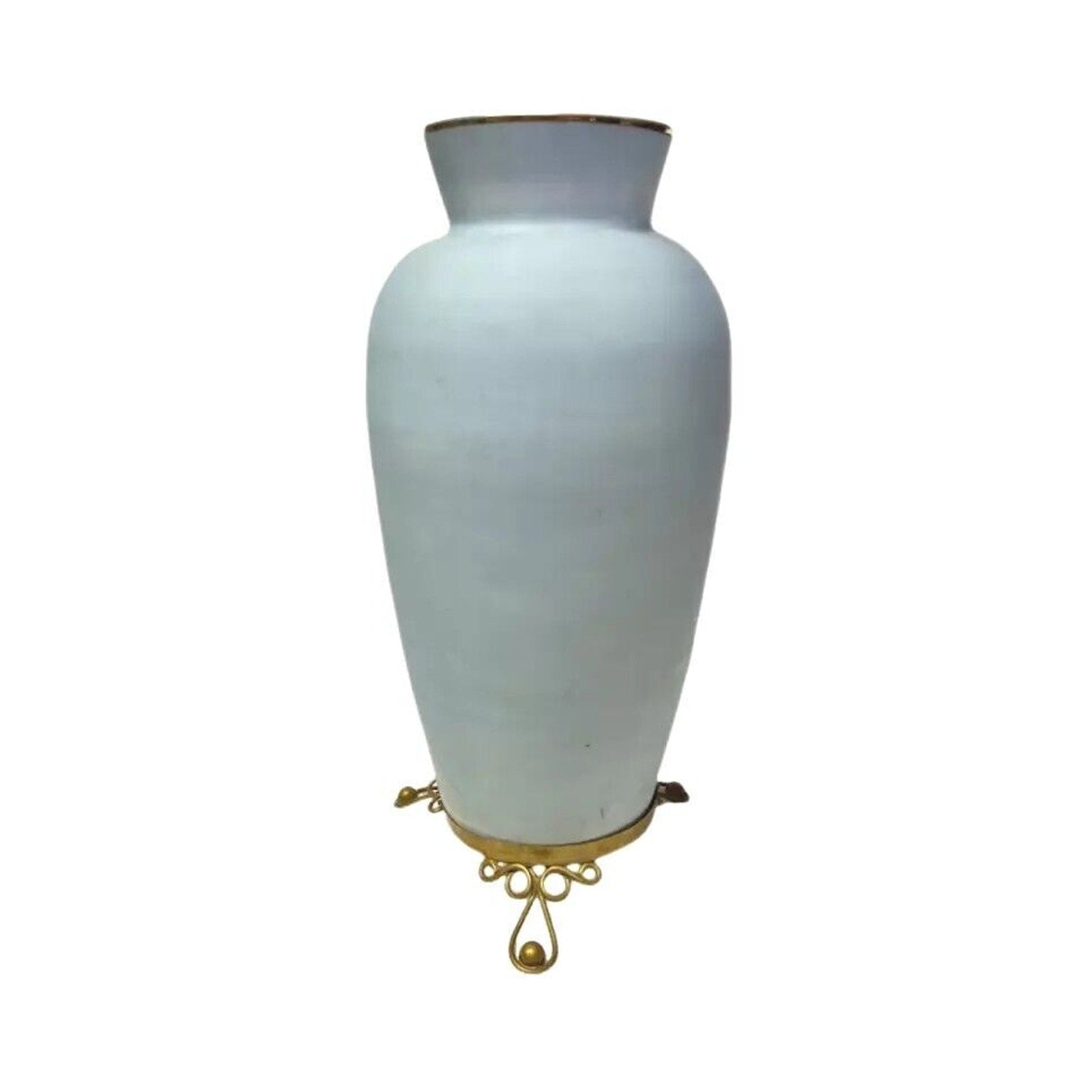Vintage Japanese Fine Porcelain Light Blue Vase Bouquet Leaves Gold Rim 13"H