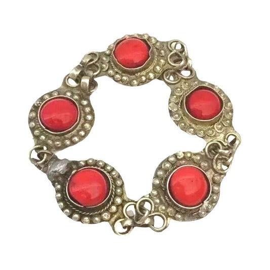 Antique Byzantine Serbian Bracelet Gold On Silver Round Red Coral