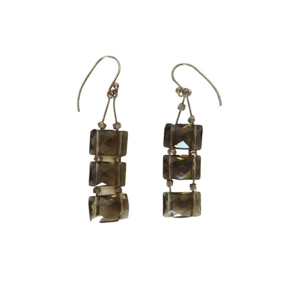 Vintage Faceted Triple Smoky Quartz Dangle Earrings Sterling Silver 925 Hook