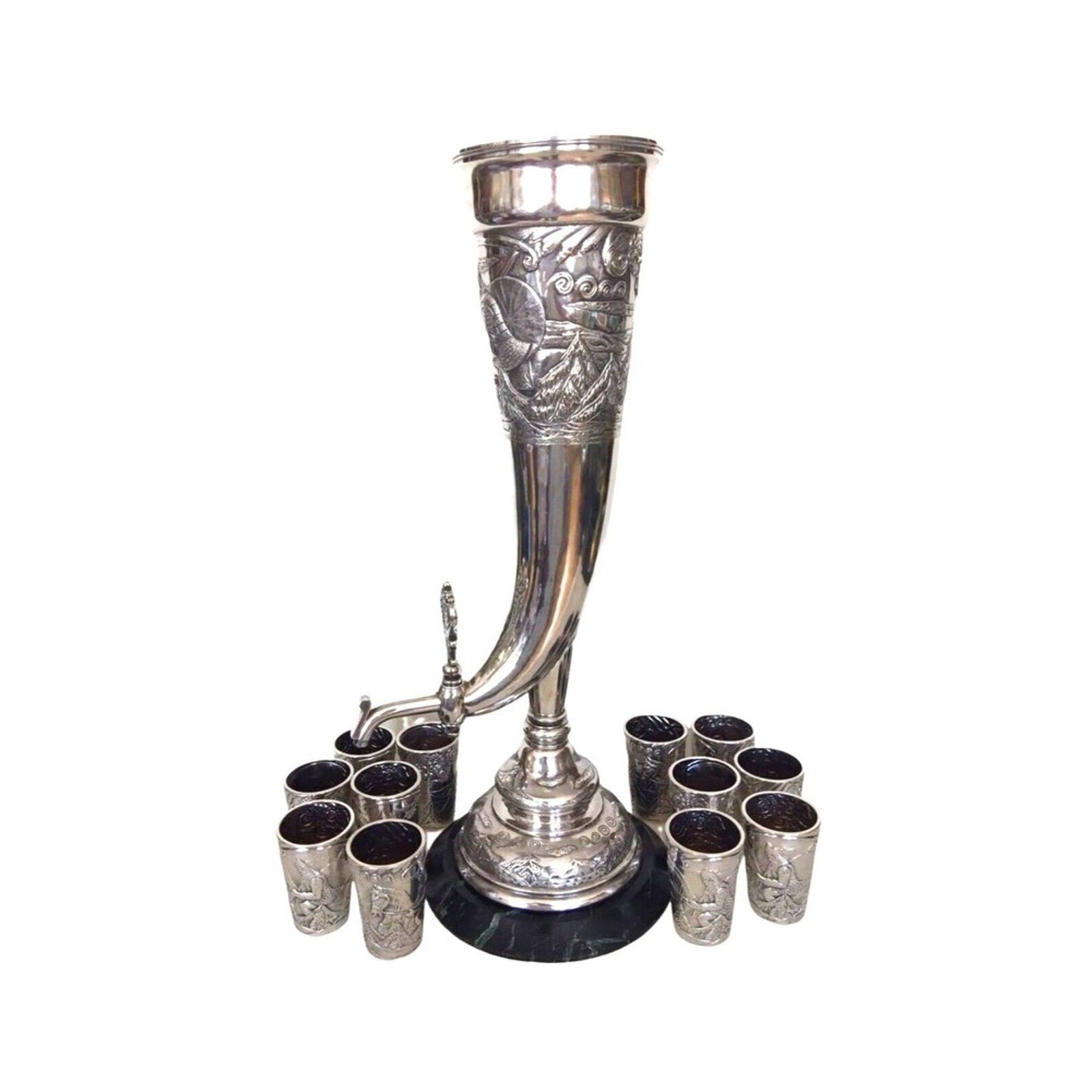 Antique Faberge Wine Horn Form Urn 12 Beakers Set 84 Silver Russian 1890s Set
