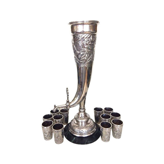 Antique Faberge Wine Horn Form Urn 12 Beakers Set 84 Silver Russian 1890s Set