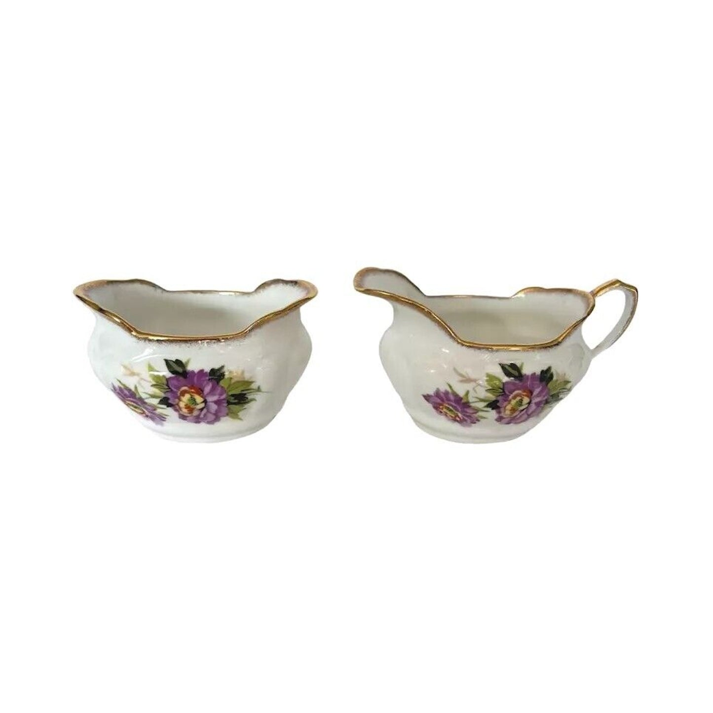 Antique Vintage Salsbury England Creamer and Sugar Porcelain Gold Trim Flower