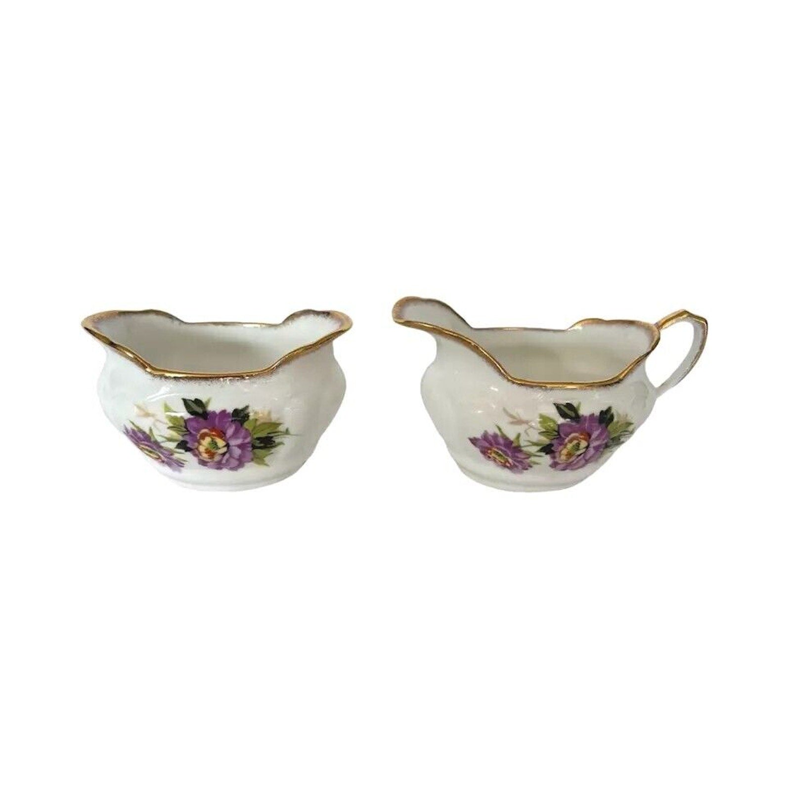 Antique Vintage Salsbury England Creamer and Sugar Porcelain Gold Trim Flower
