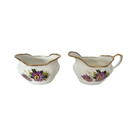 Antique Vintage Salsbury England Creamer and Sugar Porcelain Gold Trim Flower