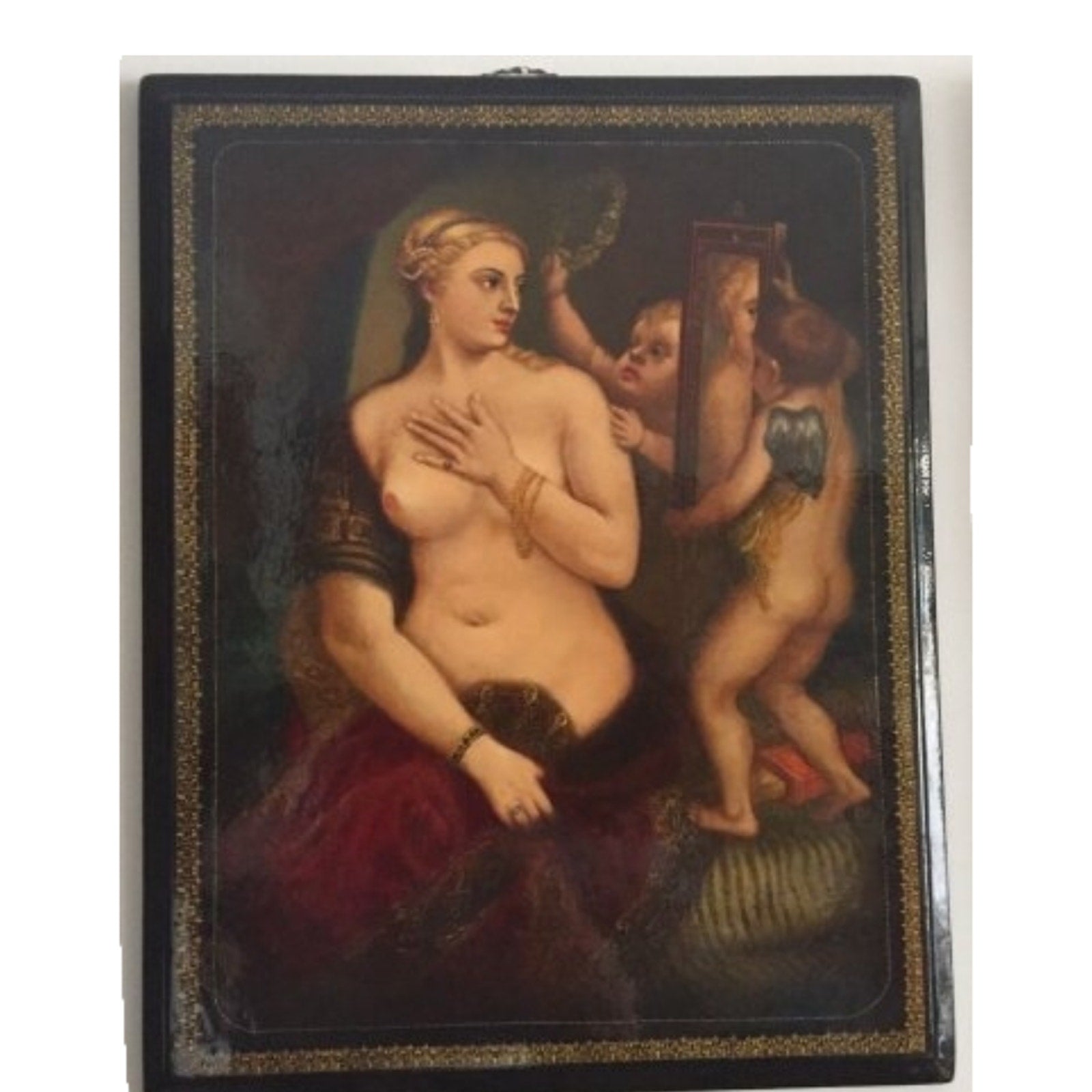 Antique After Titian 'Venus With A Mirror' Russian Palekh Painting Oil On Wood