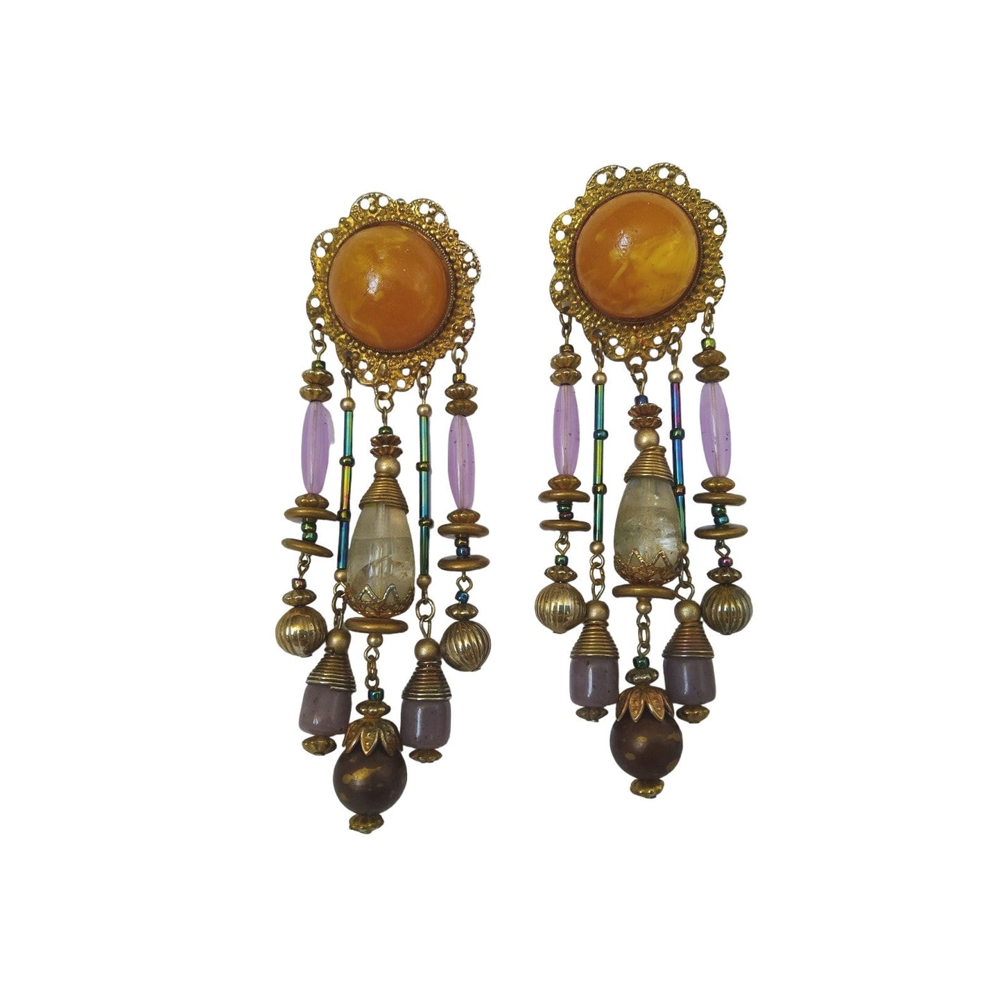 Vintage Amber Purple Crystals Gold Tone Chandelier Dangle Long Earrings Clip