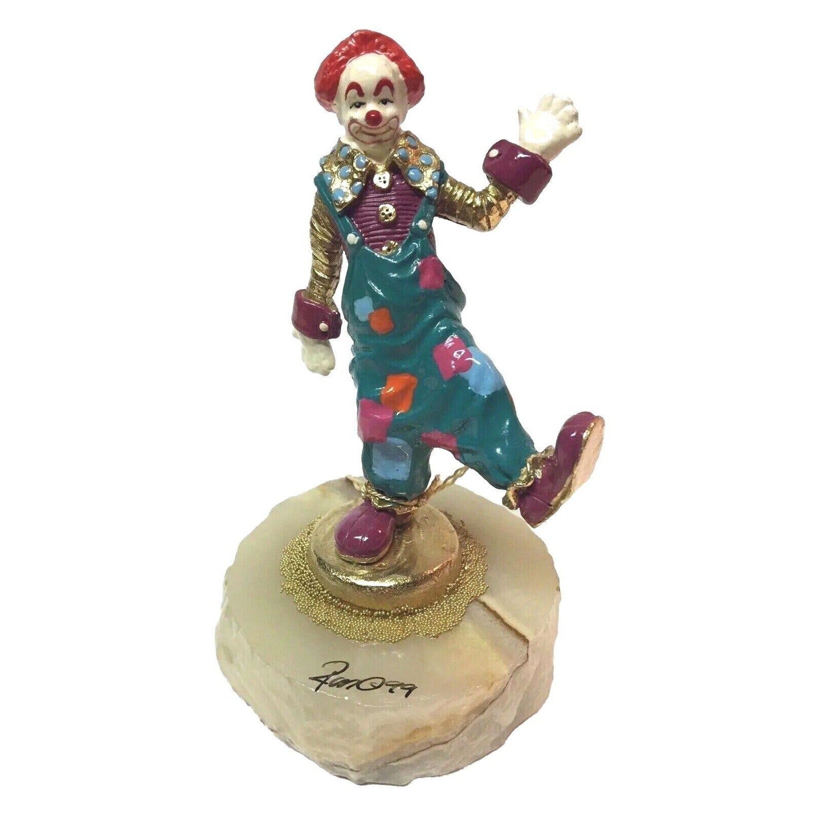 Ron Lee Signed Clown Figurine, Bronze Enamel on Onyx, 1999