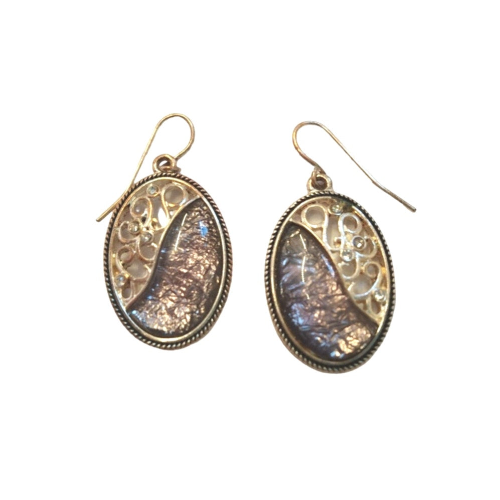 Vintage Abalone Oval Dangle Drop Earrings Silver Tone Hook