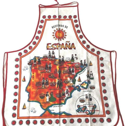 Vintage Full Apron Espana Map Of Spain White Red