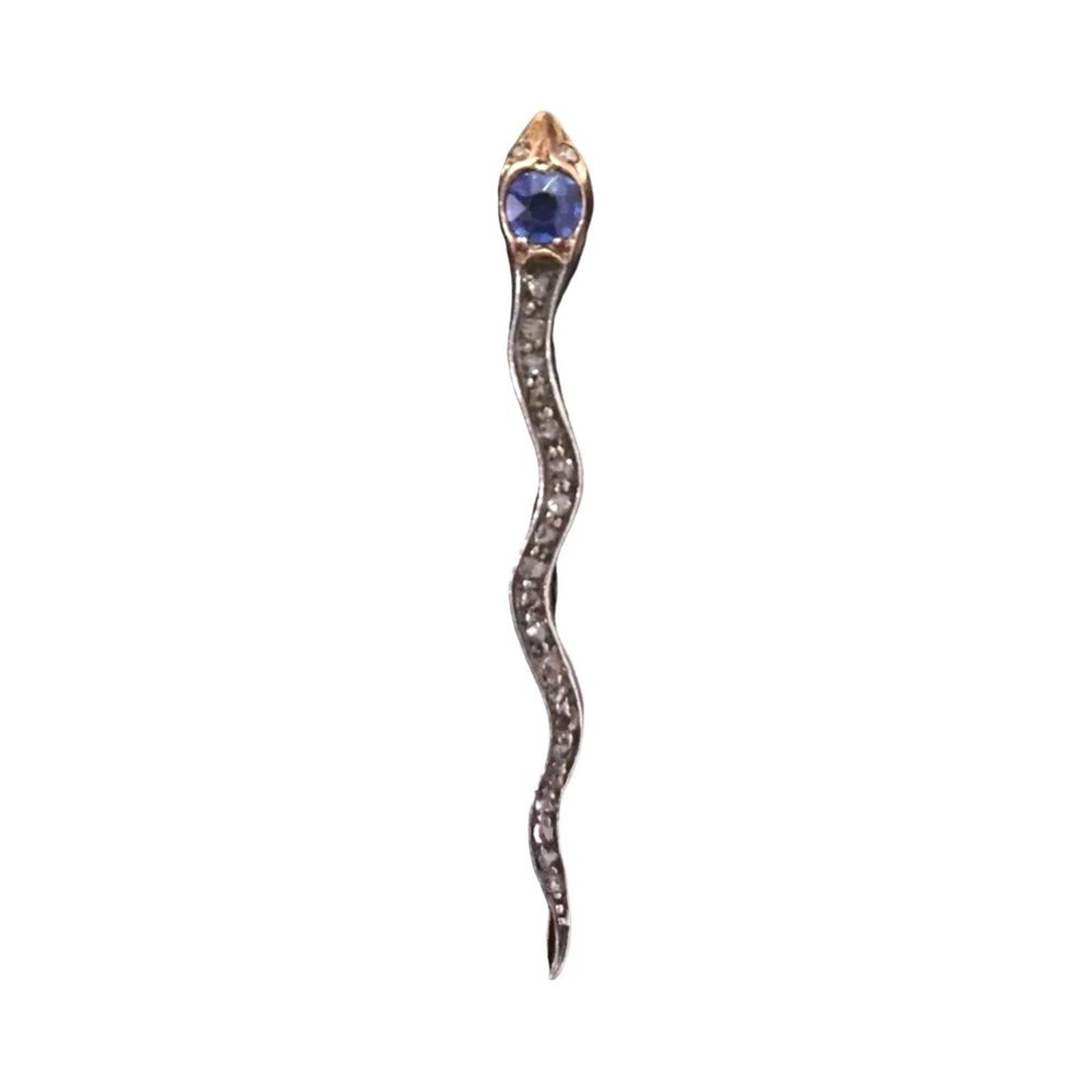 Antique Snake Brooch Pin Round Cut Blue Sapphire Diamonds 14K White/Yellow Gold