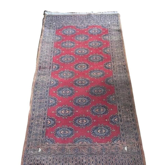 Vintage Geometric Oriental Rug Wool Hand-knotted Red Brown Carpet 69"x37"