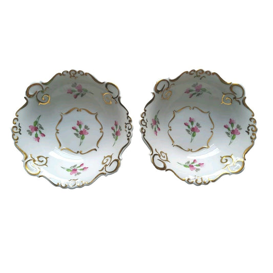 JRJS Cluj Set Of 2 Bowls White Porcelain Romanian Floral Gold Trim Vintage
