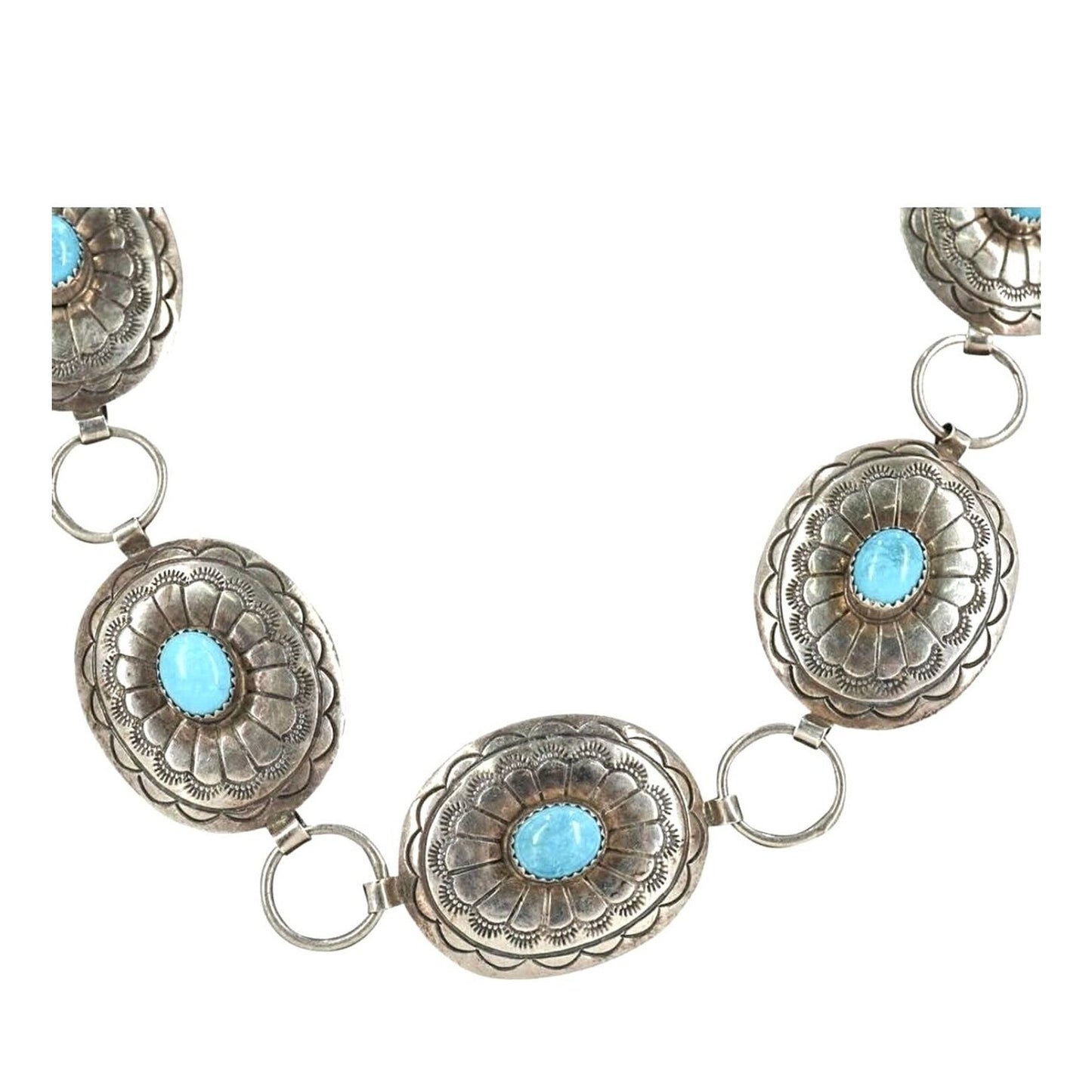 Belt Necklace Vintage Navajo Native Indian Oval Blue Turquoise Sterling Silver