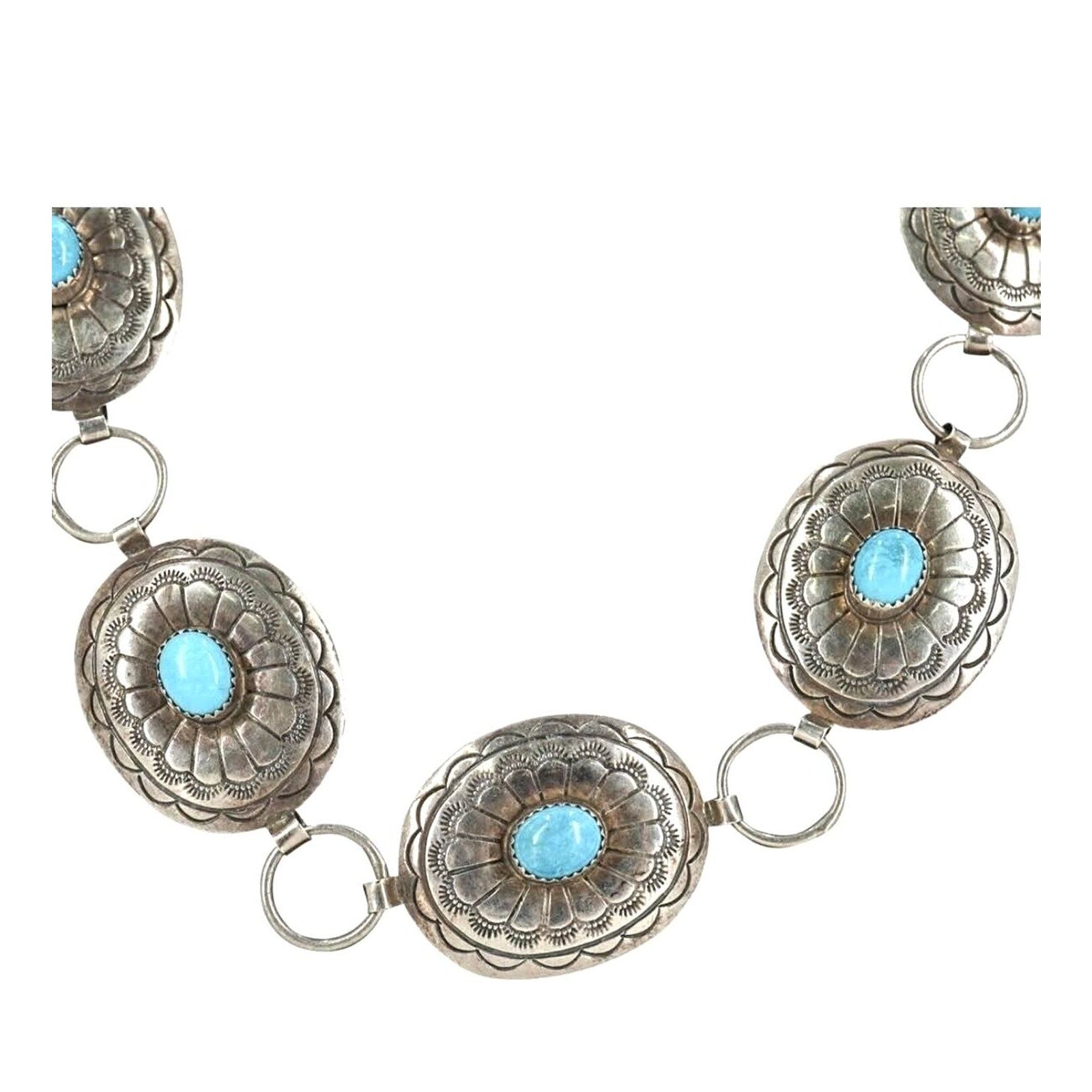 Belt Necklace Vintage Navajo Native Indian Oval Blue Turquoise Sterling Silver