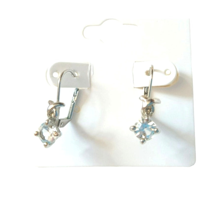Vintage Round Cut Rhinestones Small Dangle Earrings Silver Plated Lever Back