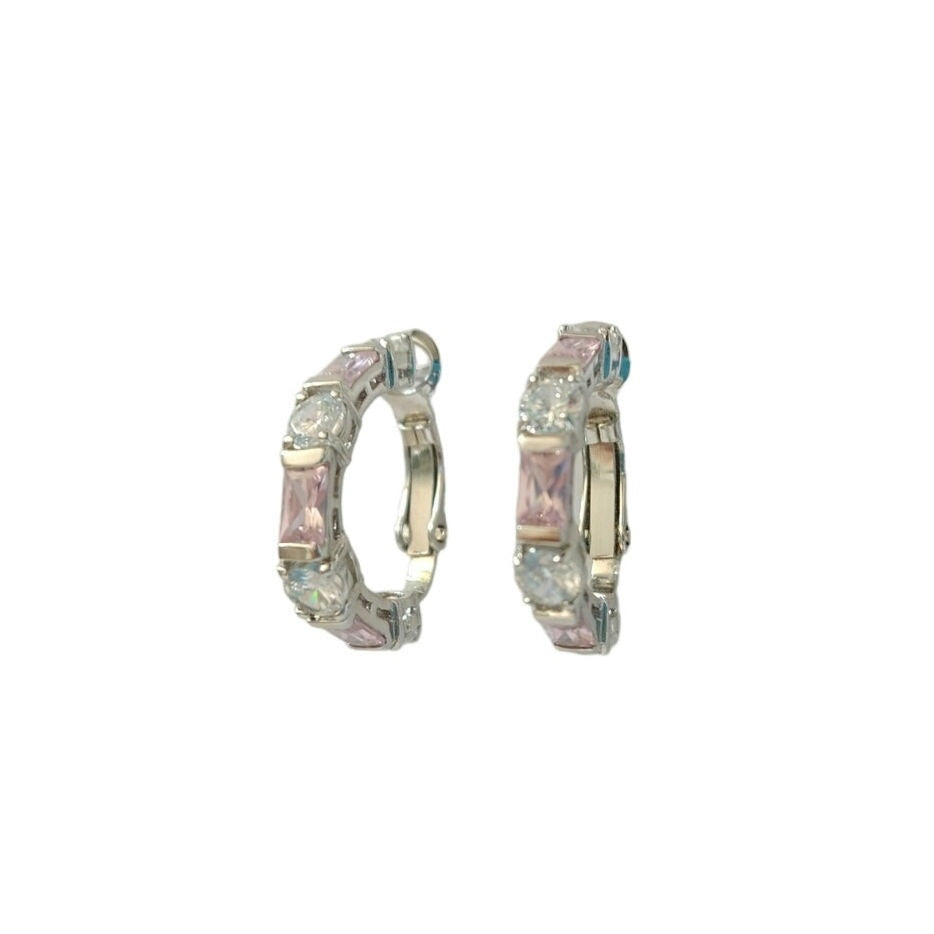 Baguette & Round Cut Lilac & Clear CZ Huggie Earrings Sterling Silver 925 FAS
