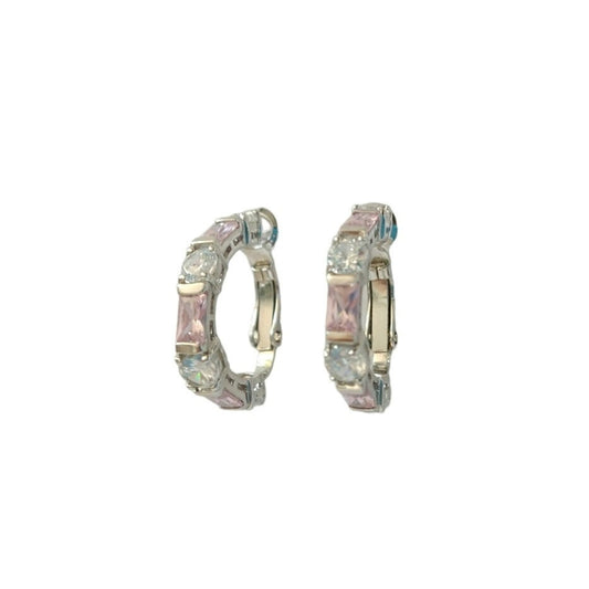 Baguette & Round Cut Lilac & Clear CZ Huggie Earrings Sterling Silver 925 FAS