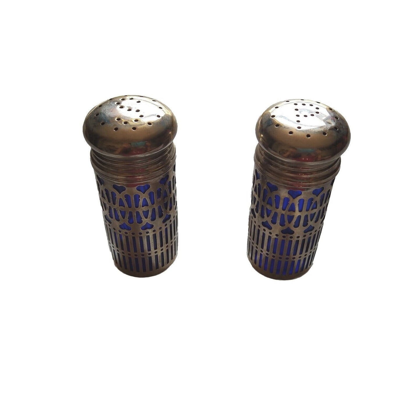 Vintage Silver Cobalt Blue Salt & Pepper Shakers Silver Plate Filigree UK Patent