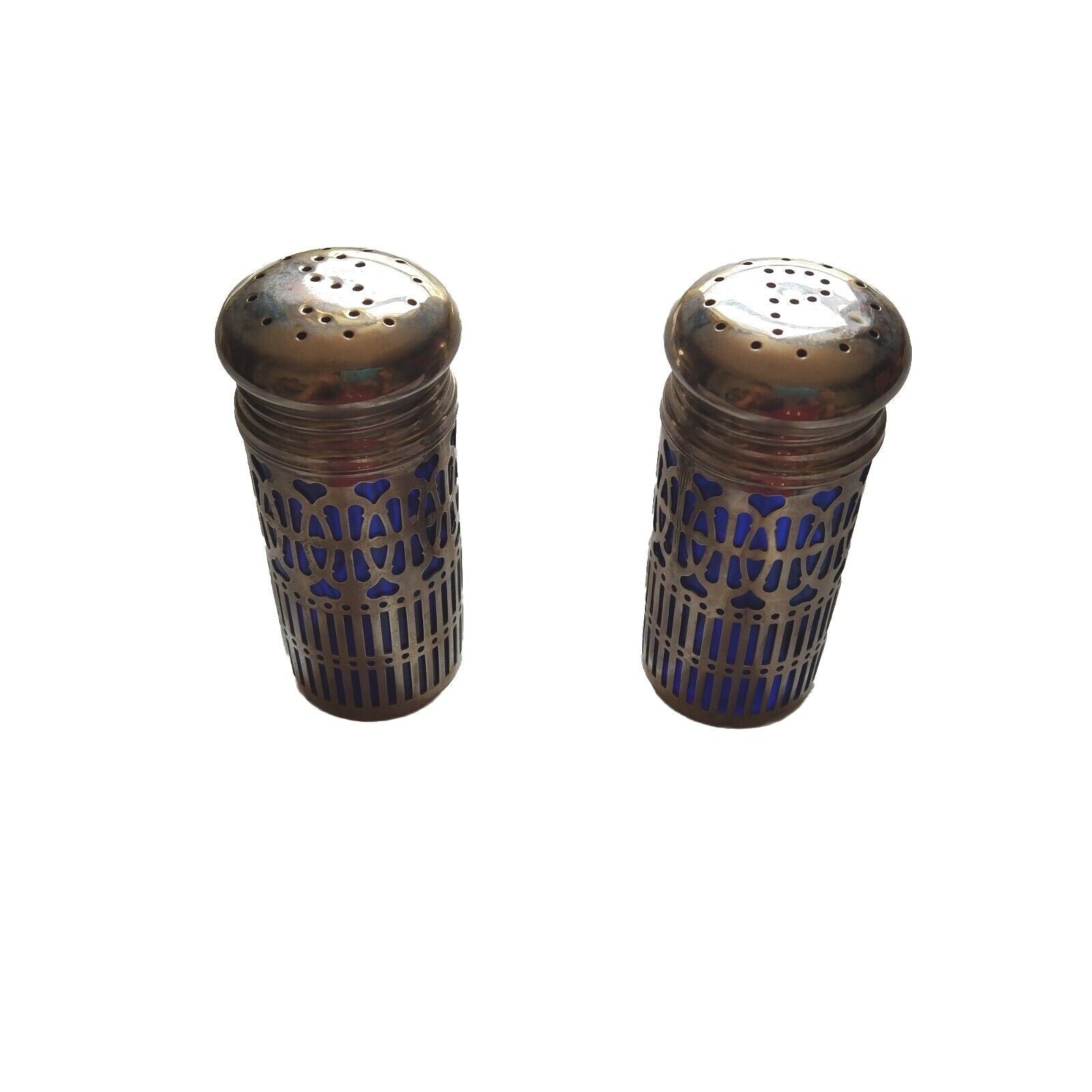 Vintage Silver Cobalt Blue Salt & Pepper Shakers Silver Plate Filigree UK Patent