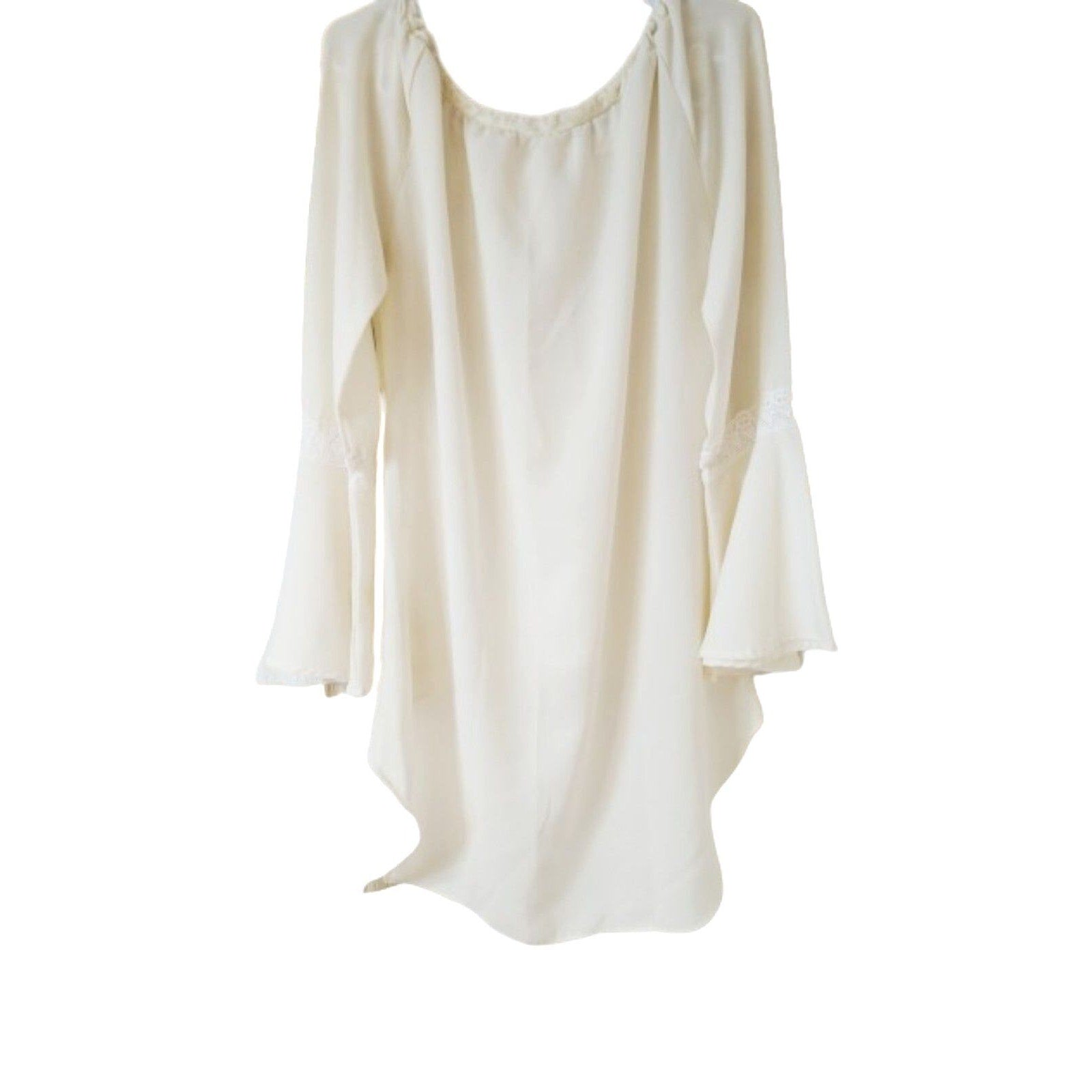 Beige lace crewneck bell long sleeves women's boho blouse top XL