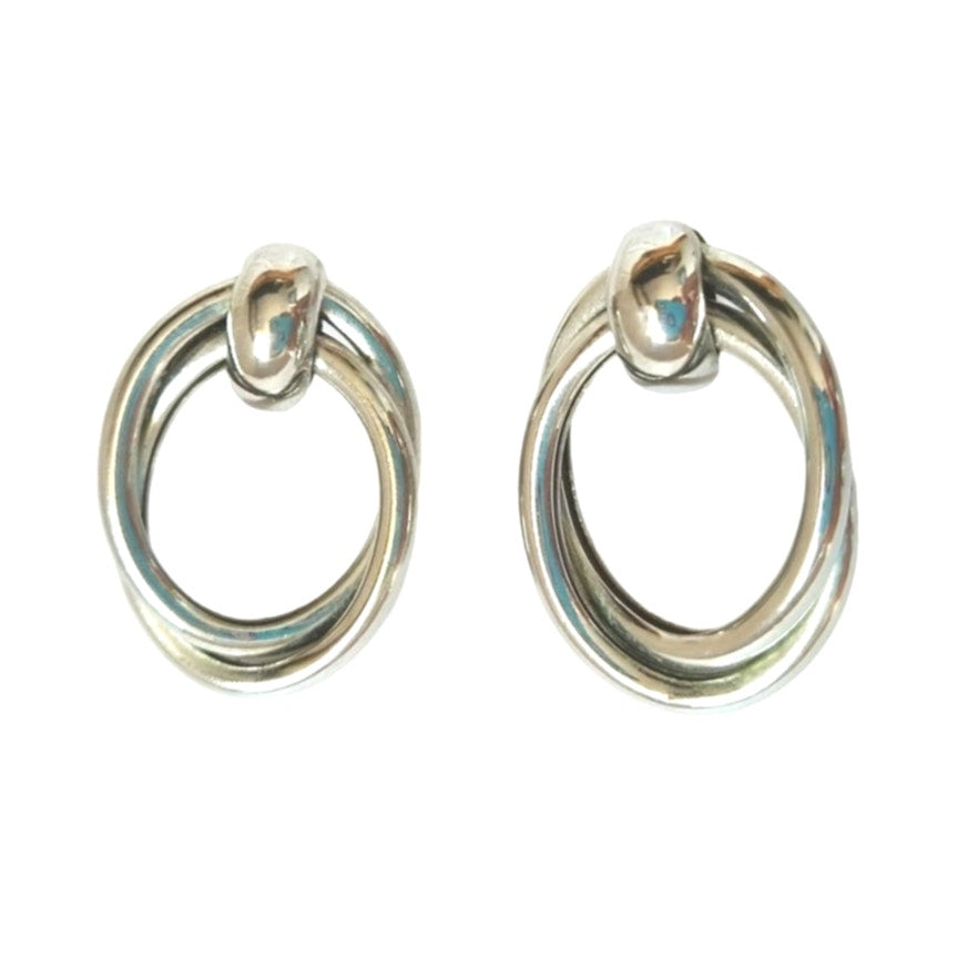 Vintage Triple Twisted Oval Door Knocker Dangle Earrings Silver Tone Posts