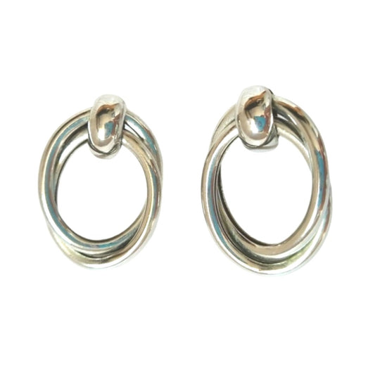 Vintage Triple Twisted Oval Door Knocker Dangle Earrings Silver Tone Posts