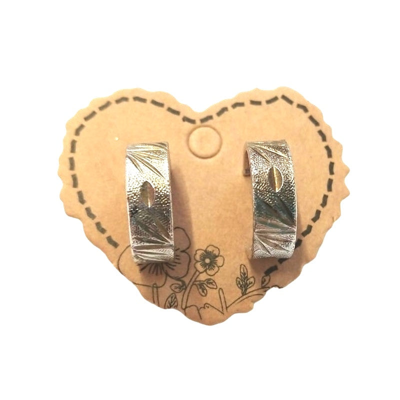 Vintage Carved C Hoop Earrings Silver Tone Wide Half Hoop