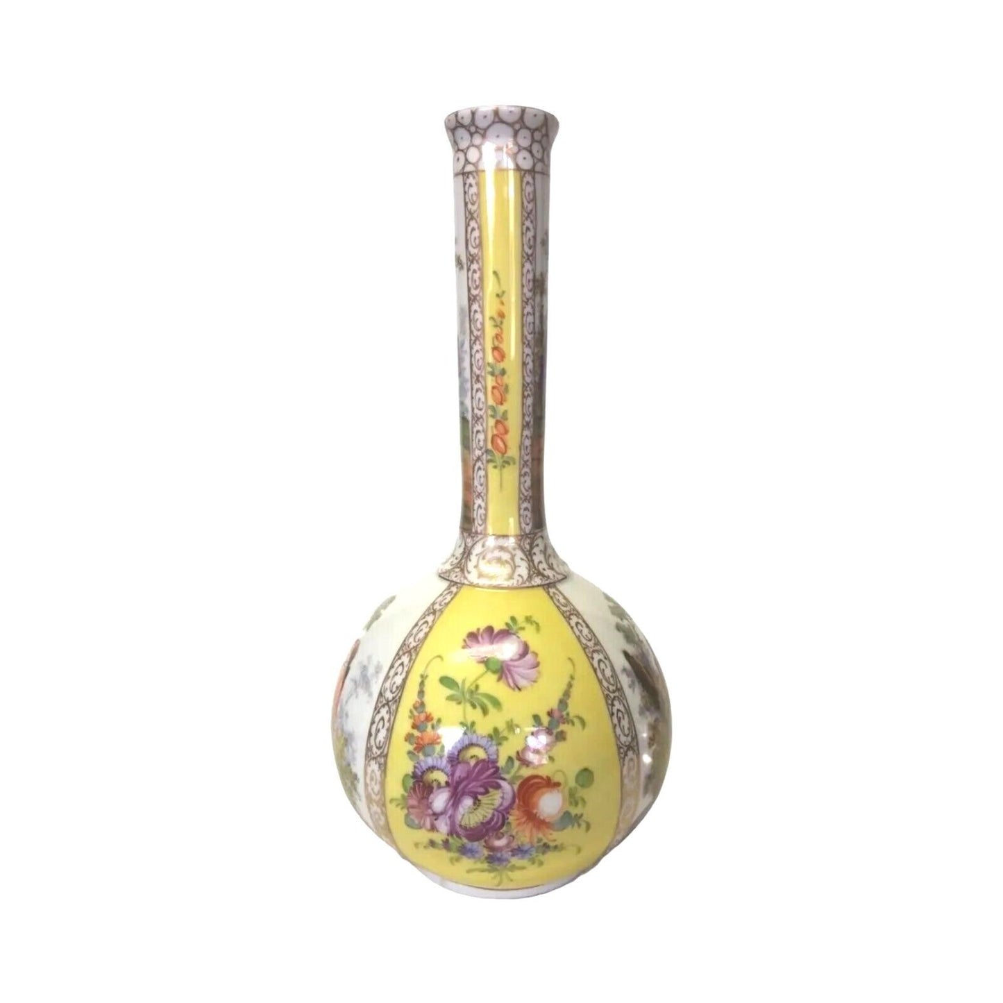 Antique Dresden Porcelain Vase white And Yellow Hand Painted 19c Germany