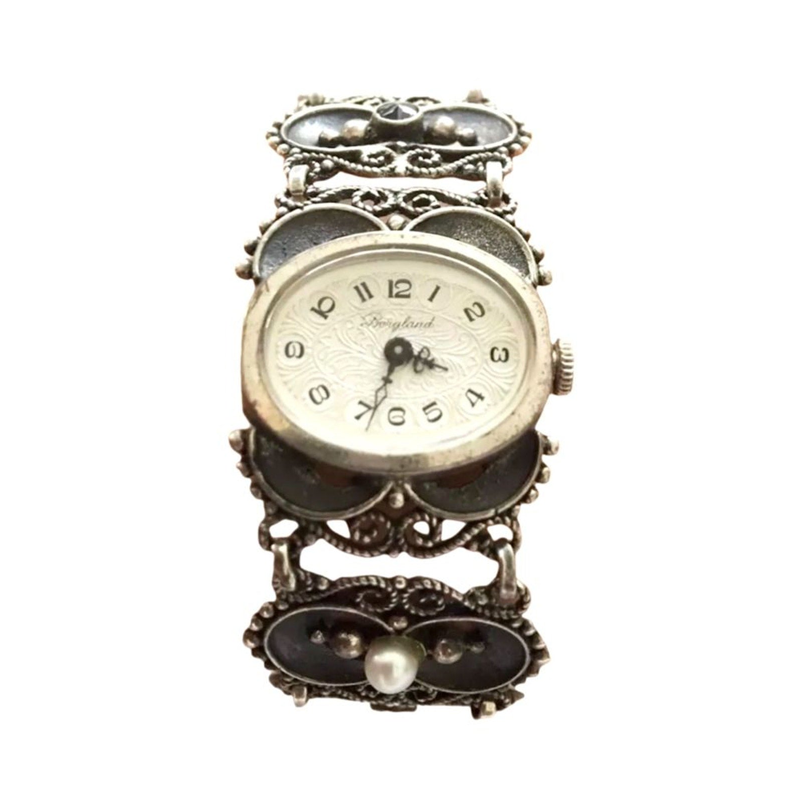 Antique Women`s Wrist Watch Bergland Filigree Sterling Silver Pearls Garnets