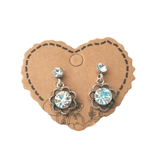 Round Cut Crystal Flower Dangle Dainty Earrings Silver Plated Post