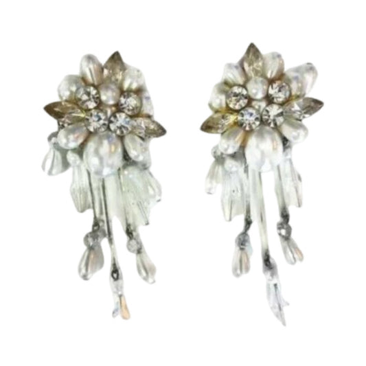 Vintage Clear Rhinestone Faux Pearls Dangle Chandelier Earrings Clip On