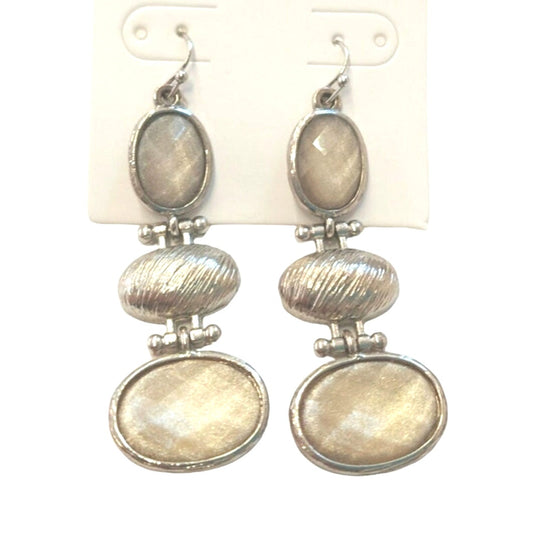 Vintage Oval Cut Foiled Glass Triple Drop Dangle Earrings Silver Tone Hook