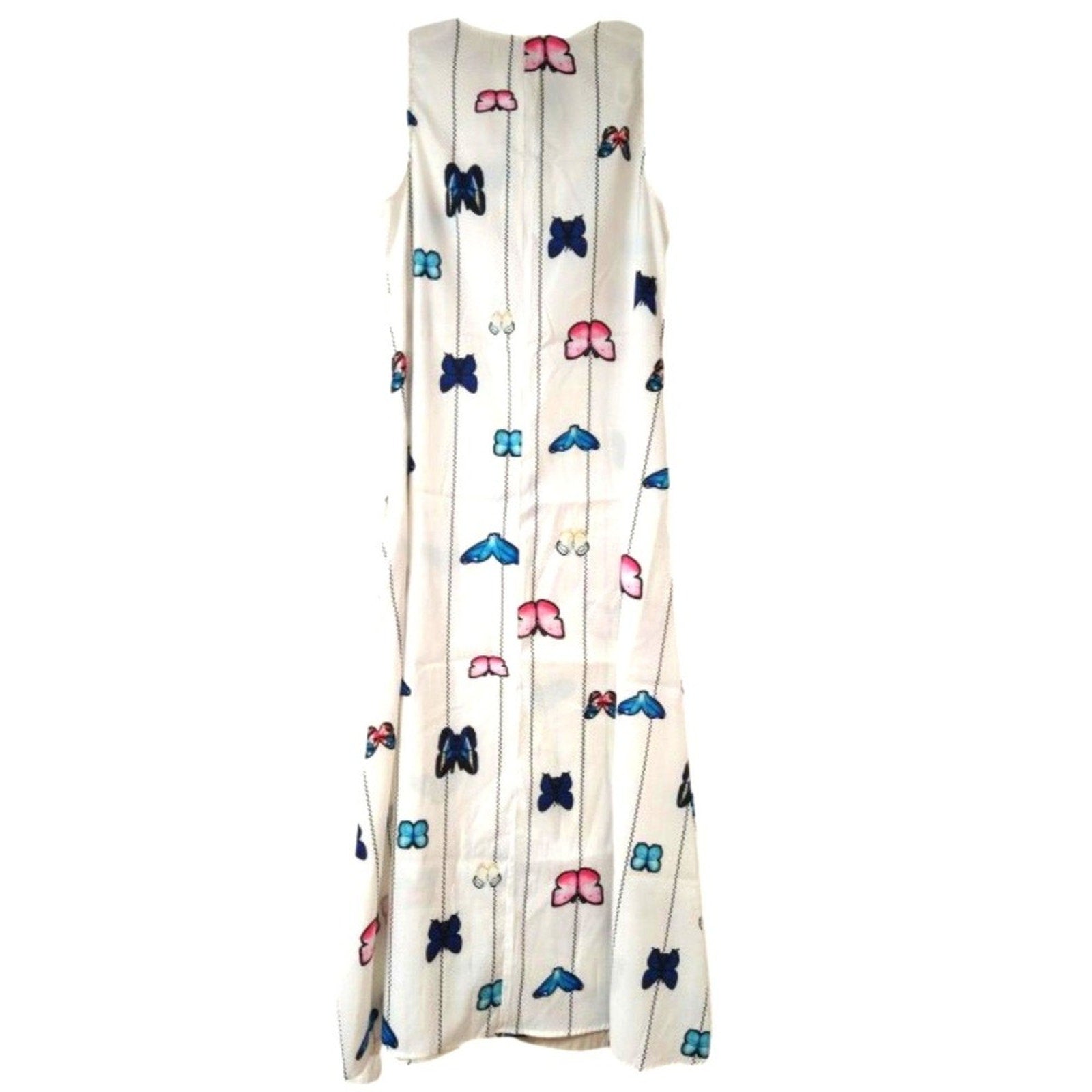 White Butterflies Maxi Dress with Pockets Size L Sleeveless
