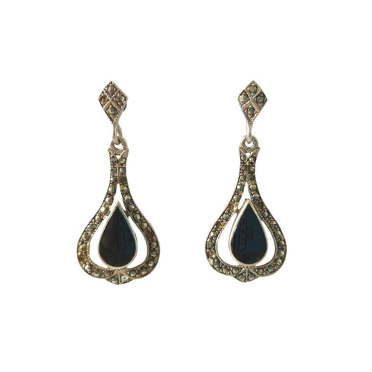 Black Onyx Marcasite Teardrop Dangle Earrings Sterling Silver 925 Screw Back