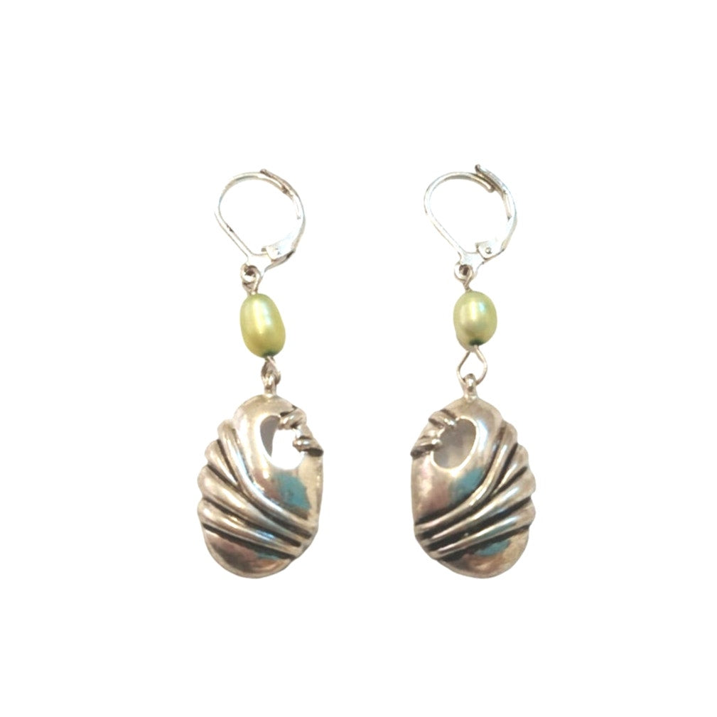 Vintage Oval Pearly Green Bead Dangle Earrings Sterling Silver Plated Lever Back