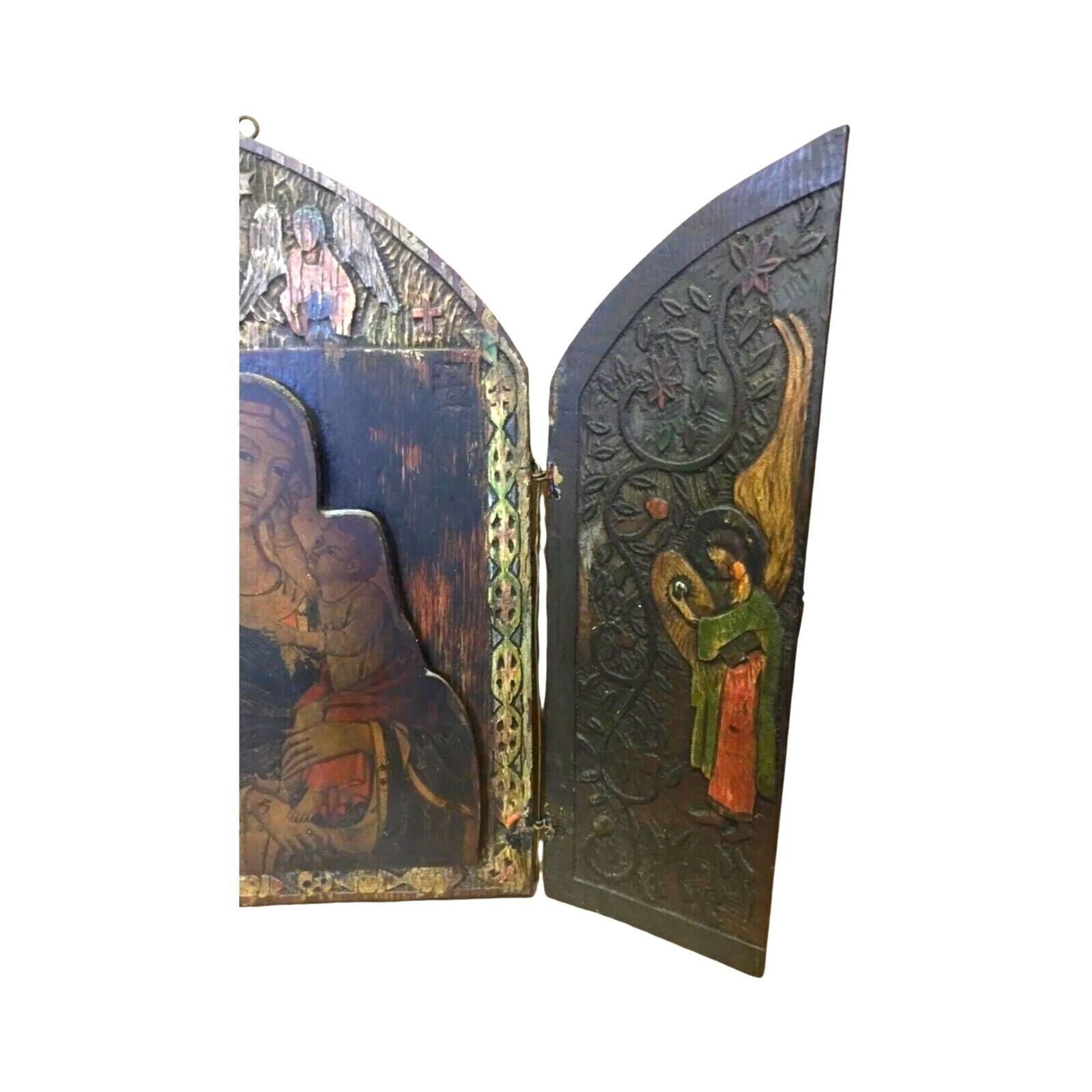 Antique Russian Christian Orthodox Triptych Icon Mother Virgin Madonna Jesus