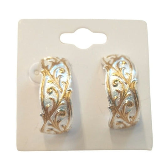 Hawaiian Design Silver & Gold Plated Scroll Half Moon Quilt Earrings C Hoop