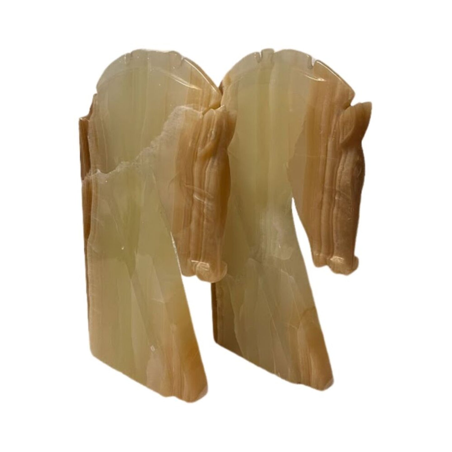 Antique Carved Onyx Horse Head Bookend Figure Paper Weight Yellow-Brown 10"H