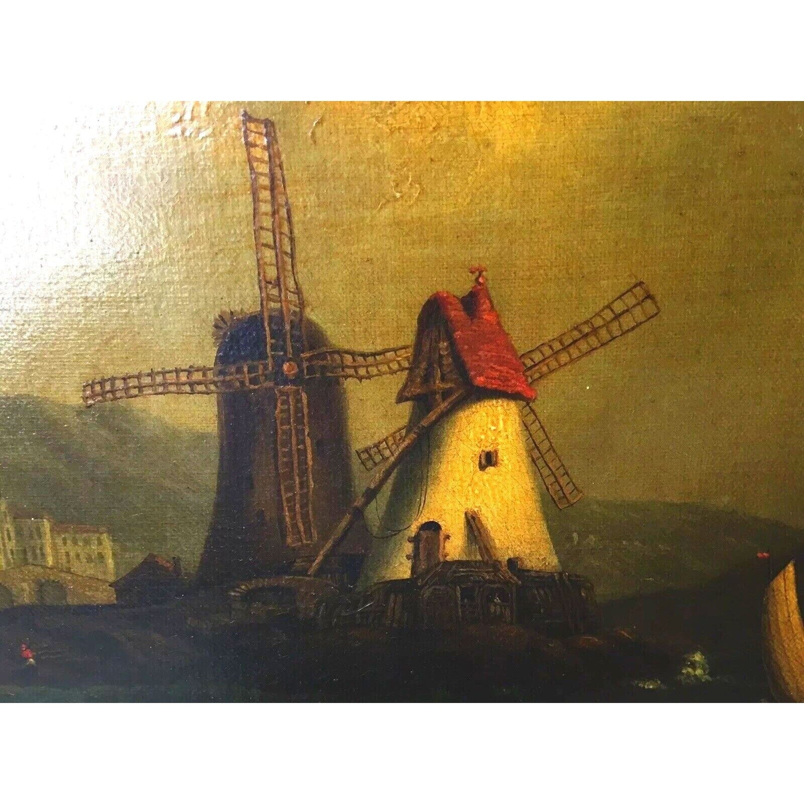 Dutch Antique Oil Painting Windmill Canvas Landscape Original 18 Century