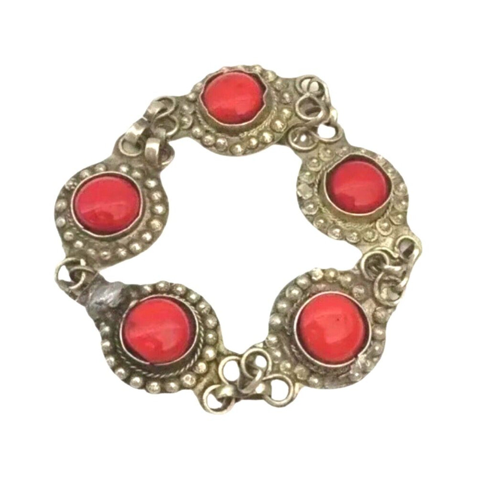 Antique Byzantine Serbian Bracelet Gold On Silver Round Red Coral