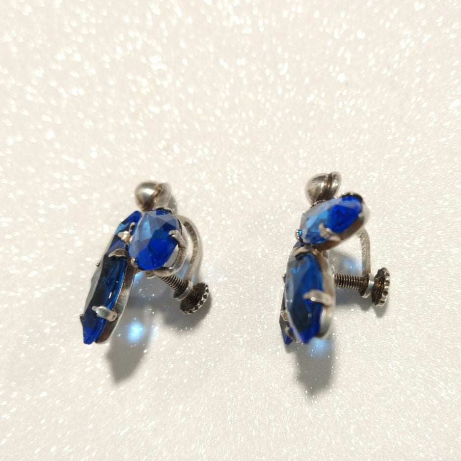 Vintage Blue Crystal Marquise Cut Solid Sterling Silver 925 Stud Earrings