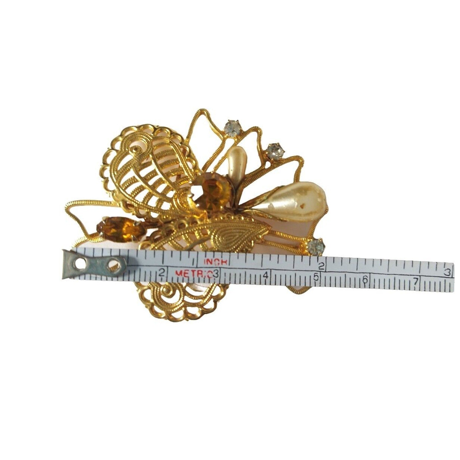 Antique Women's Brooch Pin Hearth Rhinestones Gold Tone Austria Estate Jewelry