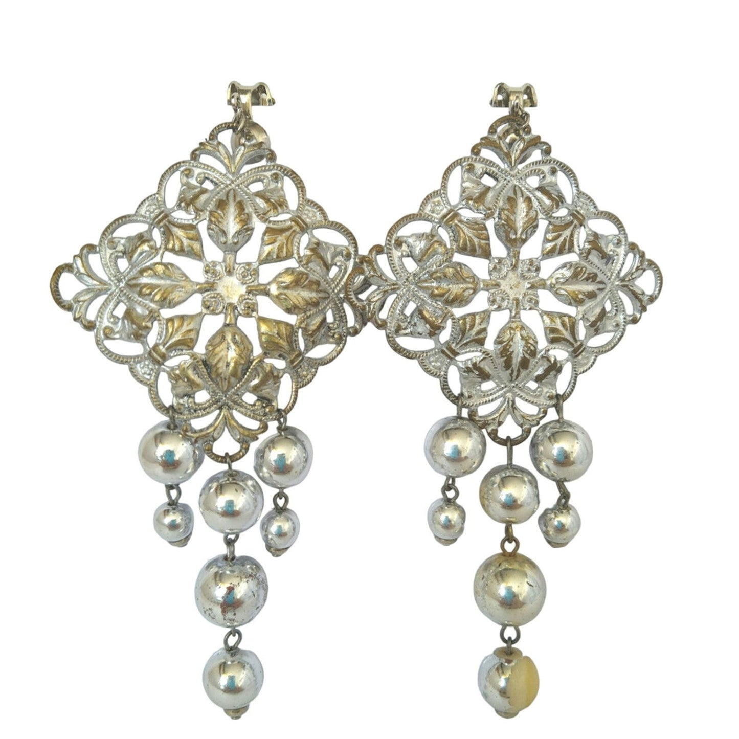 Vintage Women's Chandelier Earrings Silver Tone Clip On Geometrical