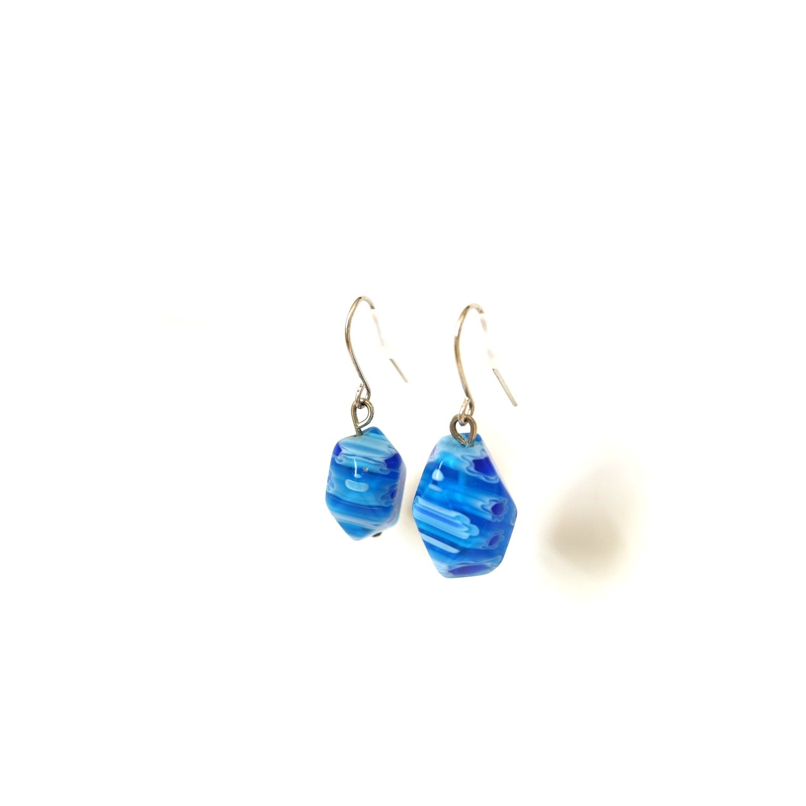 Millefiori Glass Bead Aqua Royal Blue Dangle Drop Earrings Stainless Steel