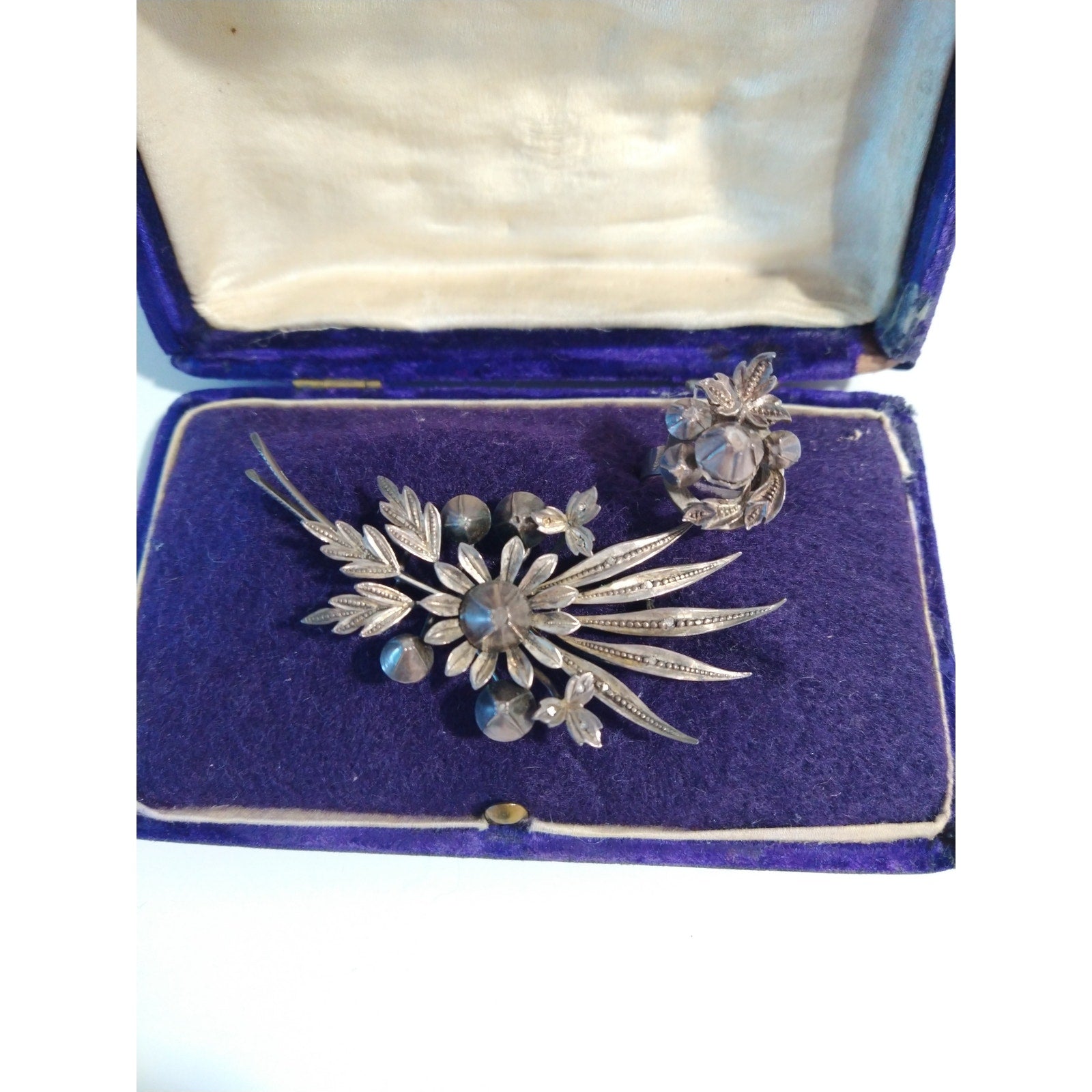 Victorian Antique Austrian Branch Brooch Ring Set Rose Cut Diamond Silver Leaf