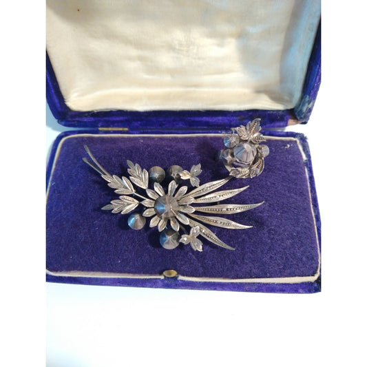 Victorian Antique Austrian Branch Brooch Ring Set Rose Cut Diamond Silver Leaf