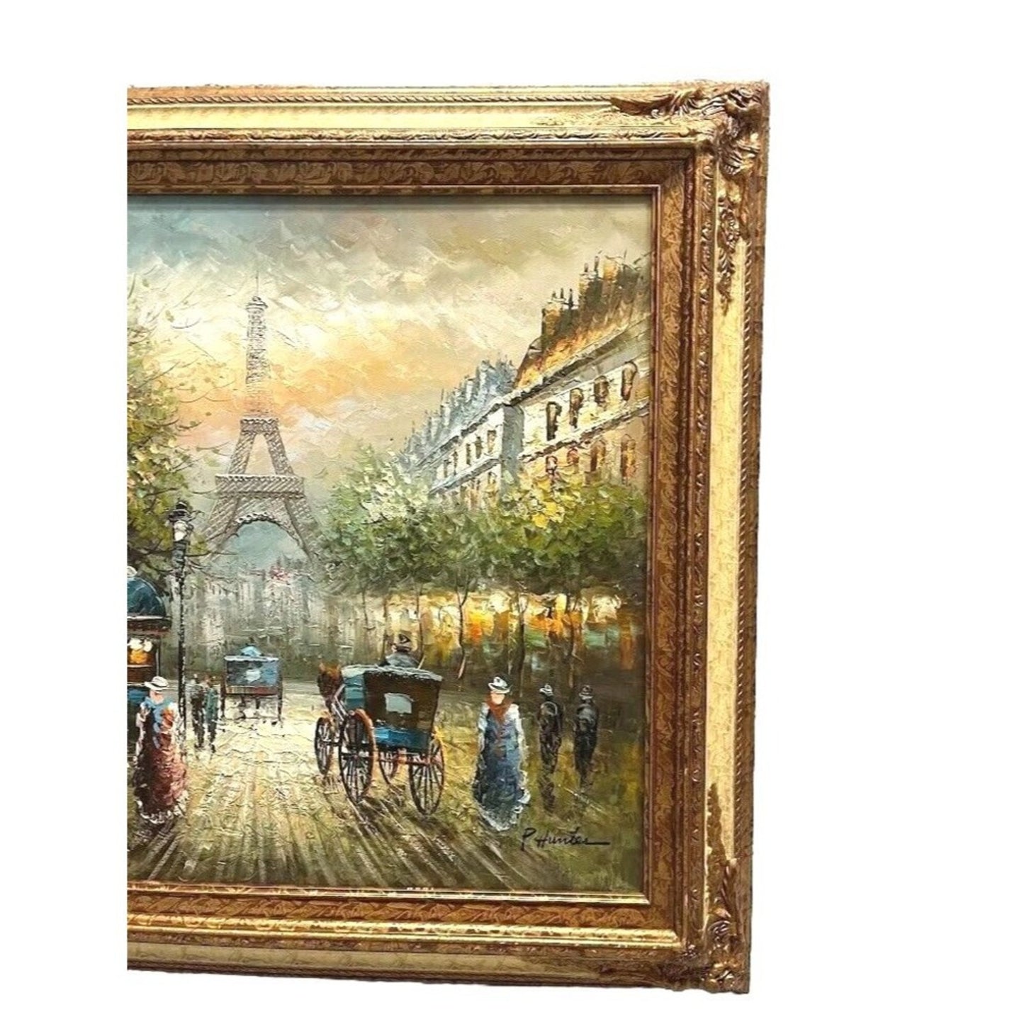 P. Hunter Paris Eiffel Tower Oil on Canvas Large Wood Frame 36in x 24 in