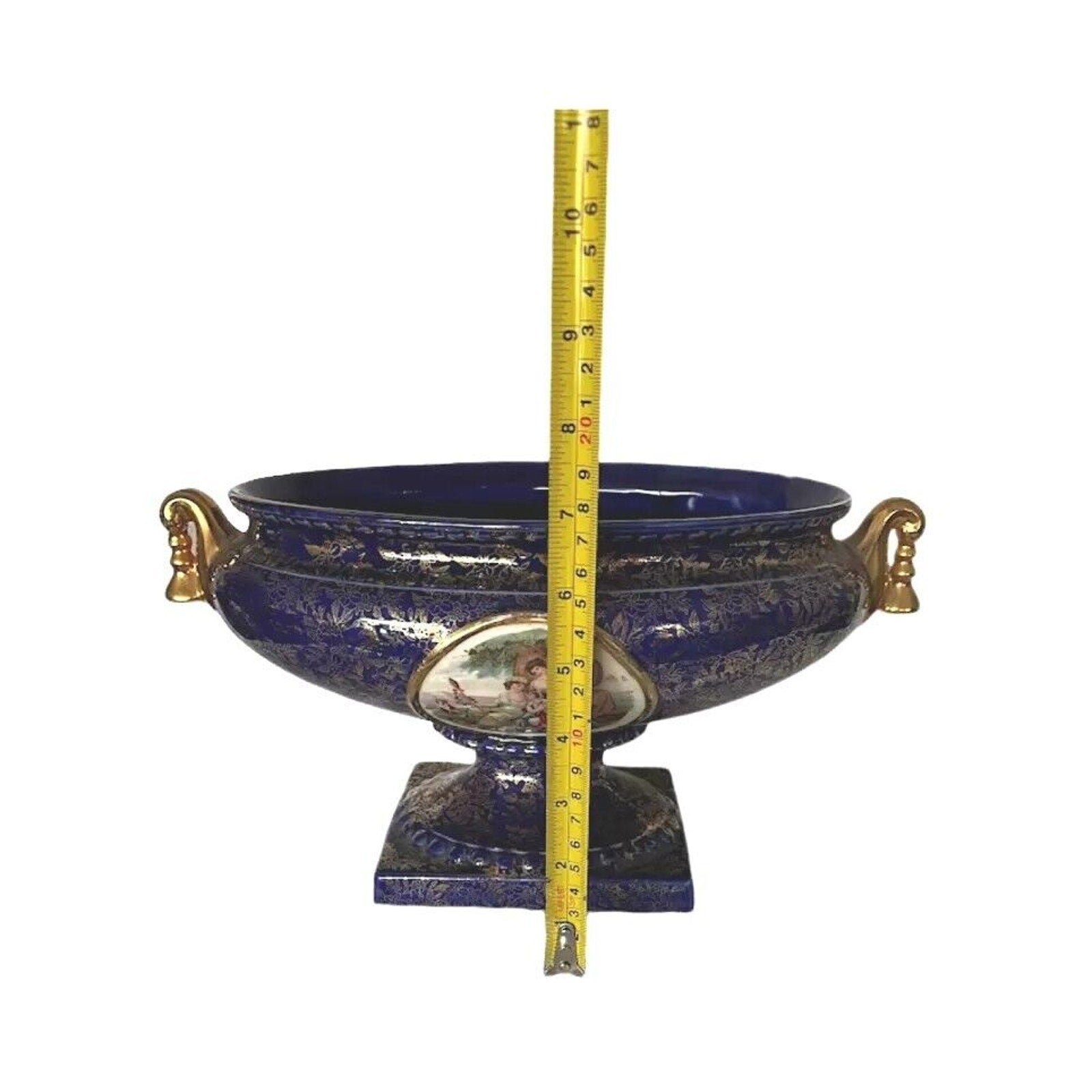 Vintage Cobalt Blue Gold Porcelain Centerpiece Bowl Vase England Victorian Scene