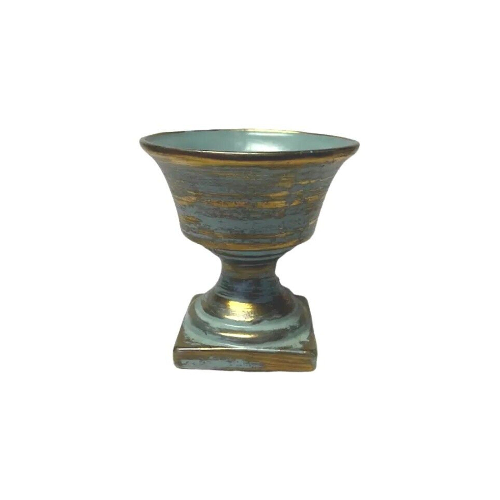 Vintage MCM Round Vase USA Turquoise Aqua Green Brushed w Gold On Pedestal
